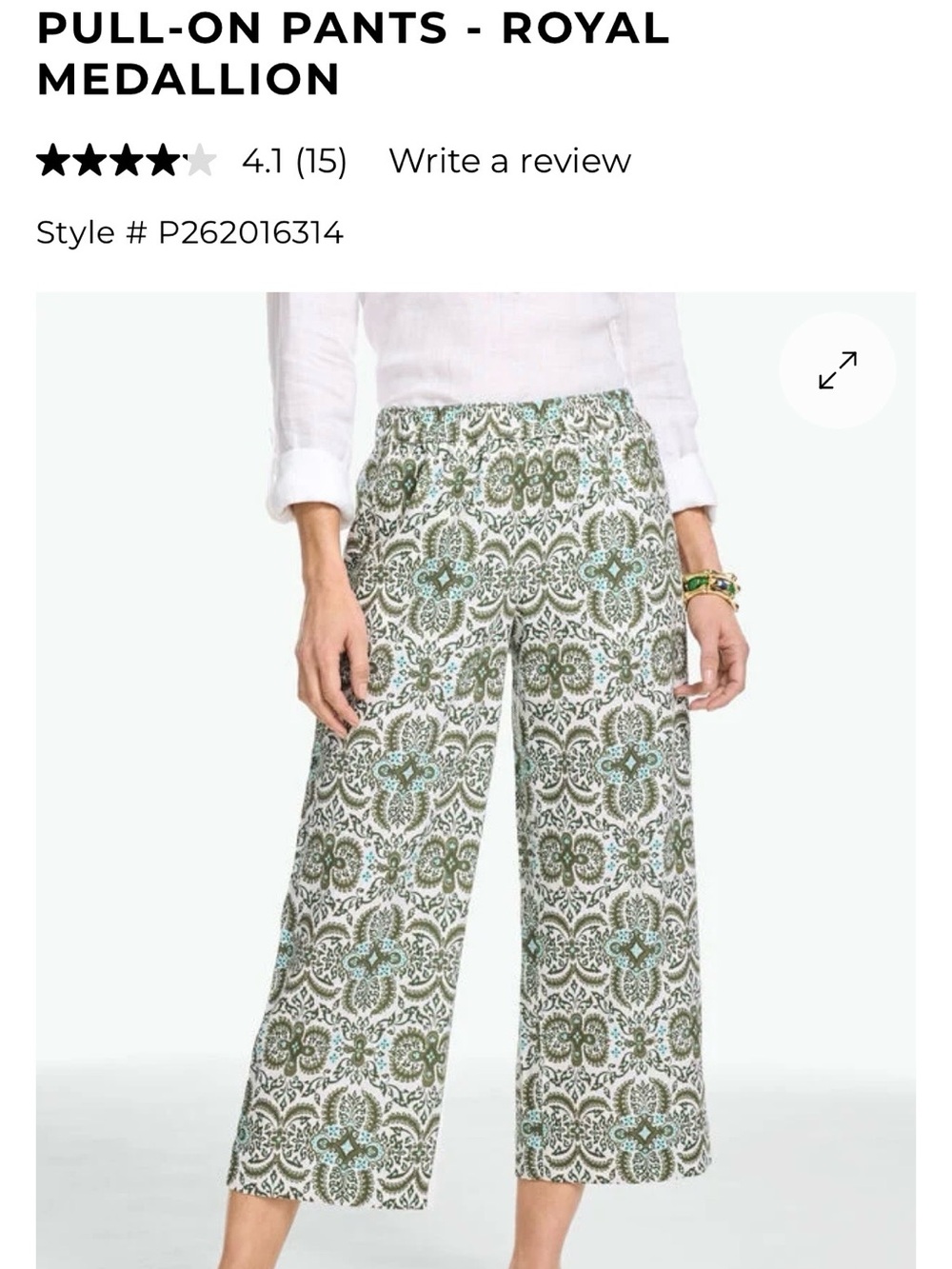 Talbots Pull-On Medallion Wide-Leg Pants - Olive Leaf Green/White SIZE XS